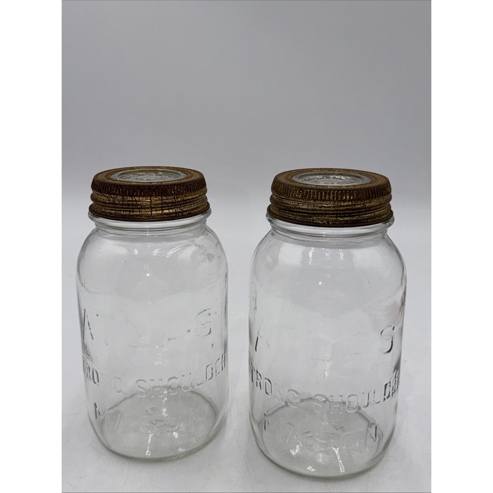 VINTAGE Lot of 2 Atlas Clear Cold Shoulder Mason Jars W/Glass EDJ Seal Lid